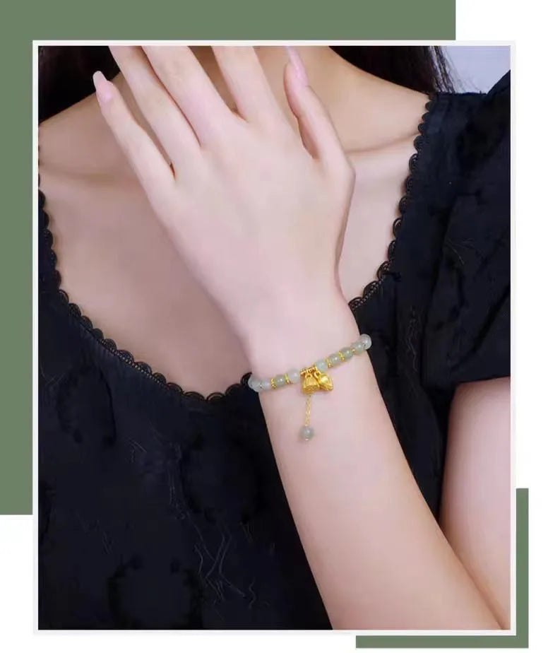 6MM Hetian Jade Lotus Bracelet — Green‑White Hand‑Strung Charm
