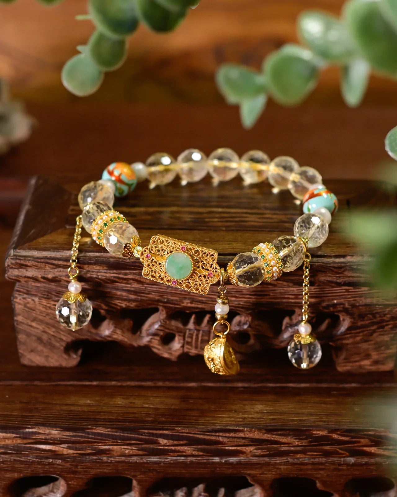 天然黄水晶招财转运手链丨925银镂空元宝与和田玉坠