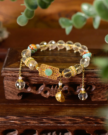 天然黄水晶招财转运手链丨925银镂空元宝与和田玉坠