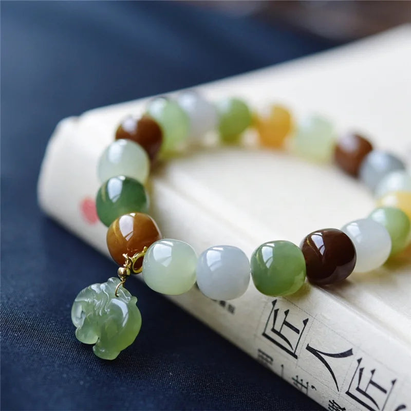 Hetian Jade 9×10mm Multicolor Bracelet｜Unisex Feng Shui Talisman