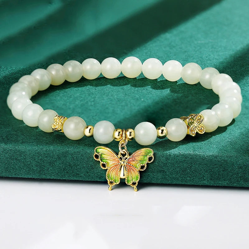 Gradient Jade Beaded Bracelet with Butterfly Charm — Lucky Charm