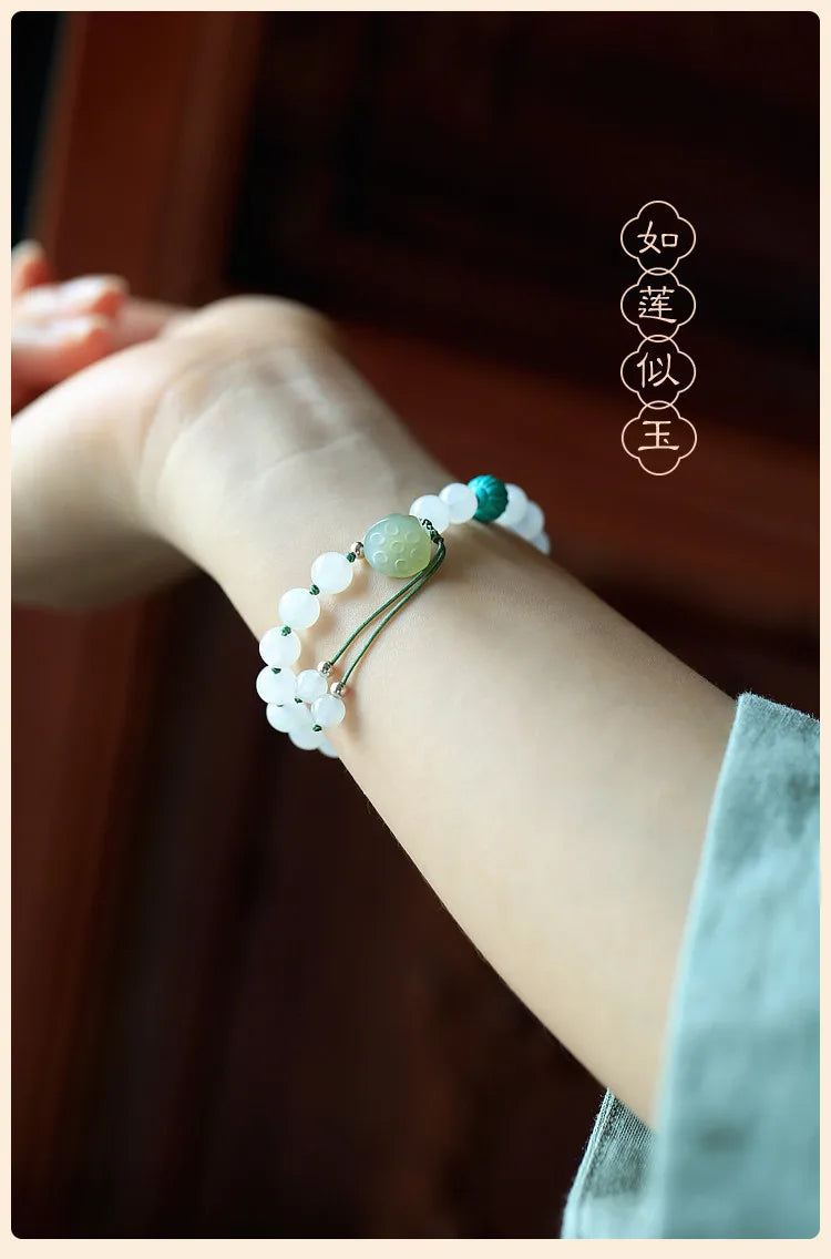 White Hetian Jade Lotus Beaded Bracelet — Handmade Feng Shui Crystal