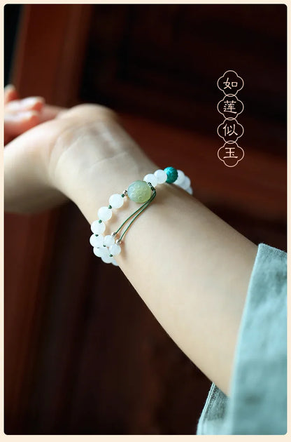 White Hetian Jade Lotus Beaded Bracelet — Handmade Feng Shui Crystal