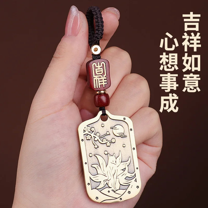 Taoist Peach Blossom Brass Necklace & Fox Keychain Set
