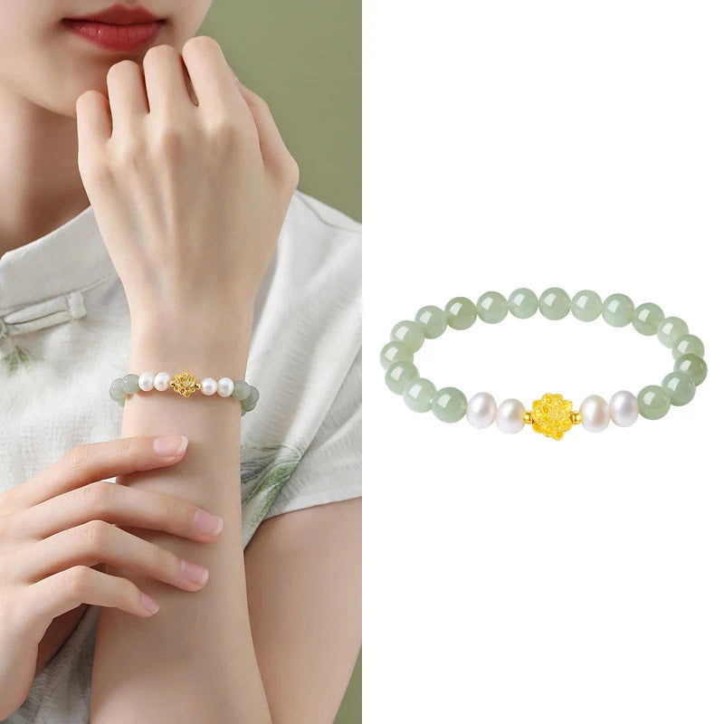 Hotan Jade & 999 Gold Pearl Bracelet｜Feng Shui Elegance