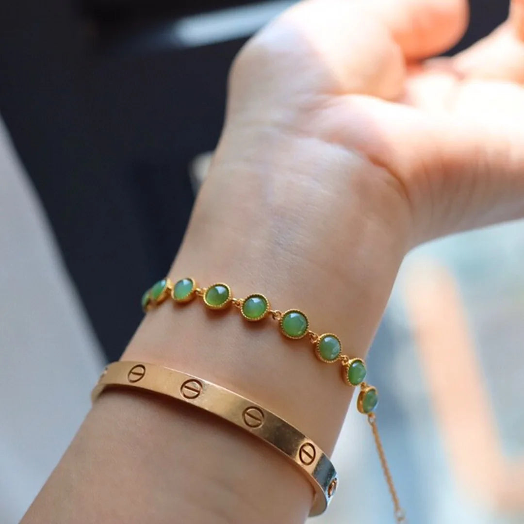 Retro Jade-Green Geometric Zircon Bracelet – Vintage Charm