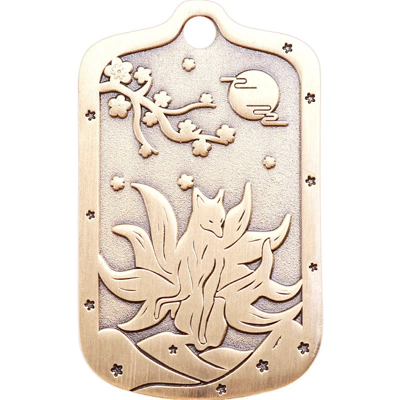 Taoist Peach Blossom Brass Necklace & Fox Keychain Set