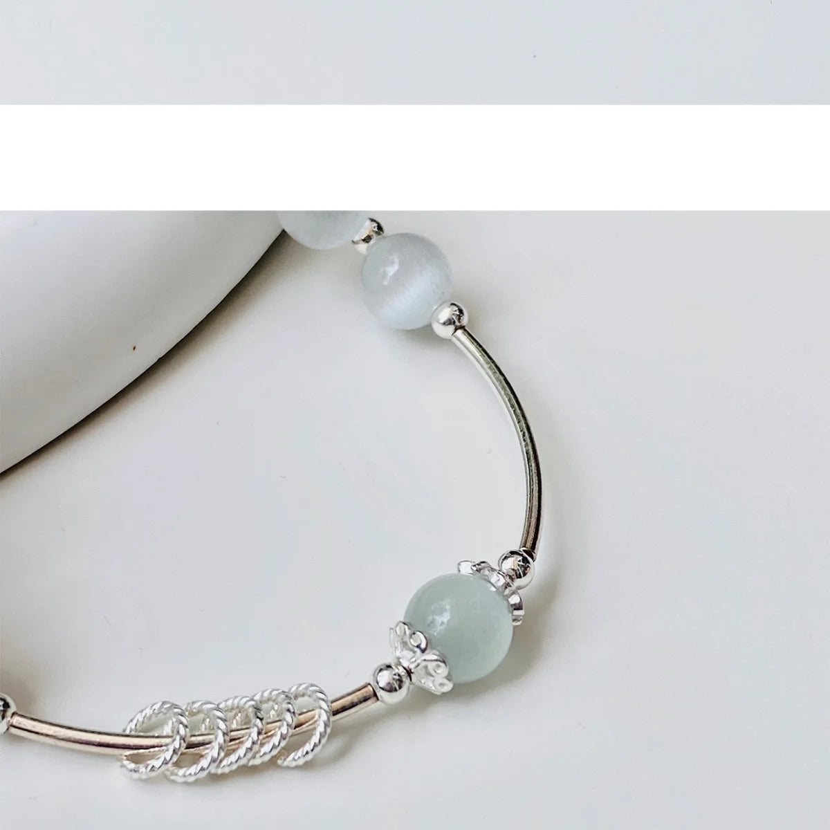 Antique Silver White-Blue Chalcedony Bead Bracelet — Court Style