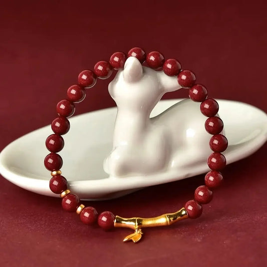 High-Content Cinnabar 6MM Bracelet with 24K Bamboo Charms