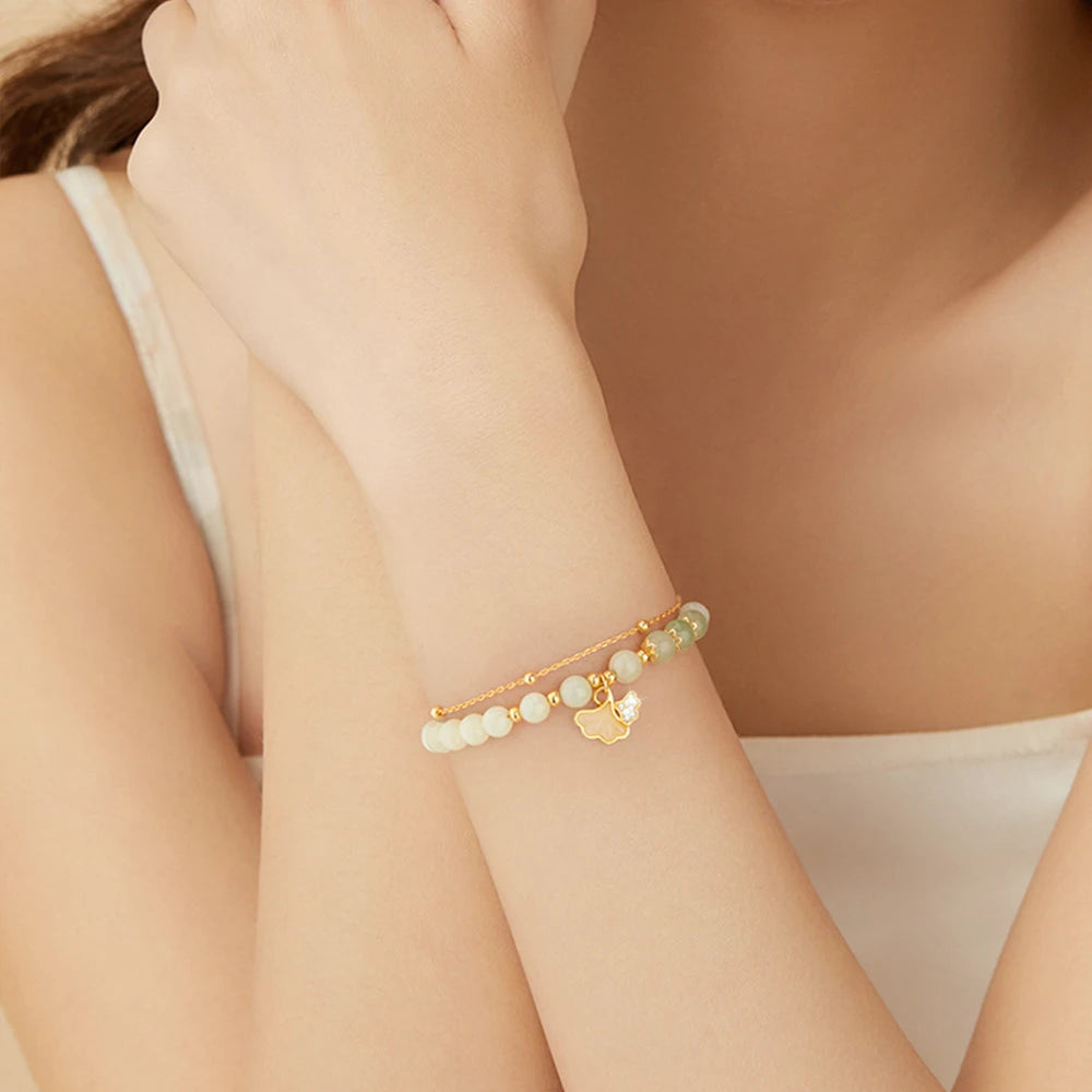 Hetian Jade Ginkgo Double-Layer Bracelet｜S925 Elegant Handmade
