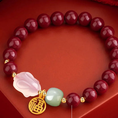 Double-Layer Southern Red Hotan Jade Bracelet with Rabbit Charm