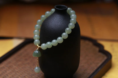 Hetian Jade Lotus Pendant 8mm Round Bead Bracelet — Elegant Charm for Women