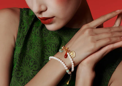 Freshwater Pearl Double Circle Bracelet — Silver Gold-Plated