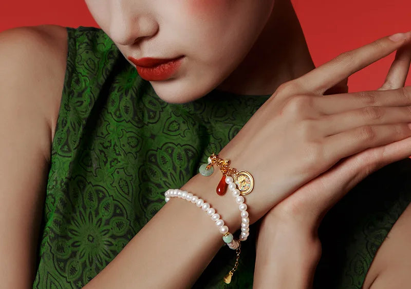 925 Sterling Silver Double Freshwater Pearl Chain Bracelet for Wedding