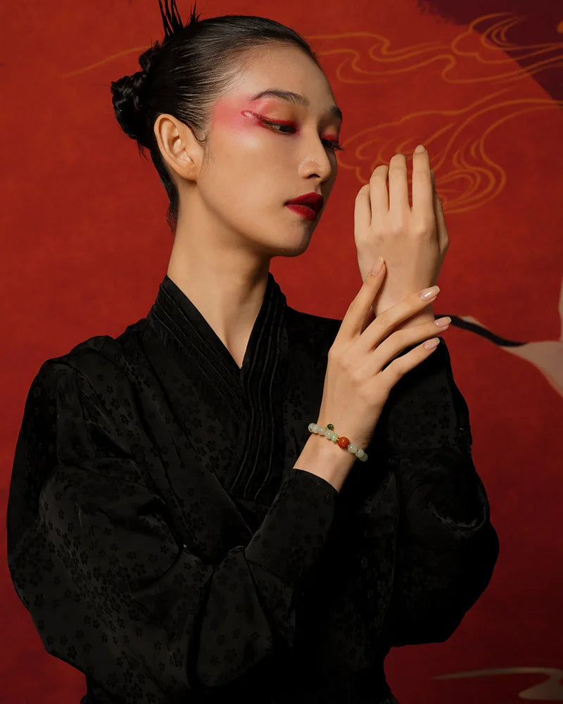 White Jade & Green Jasper Amber Beaded Bracelet - Vintage Charm