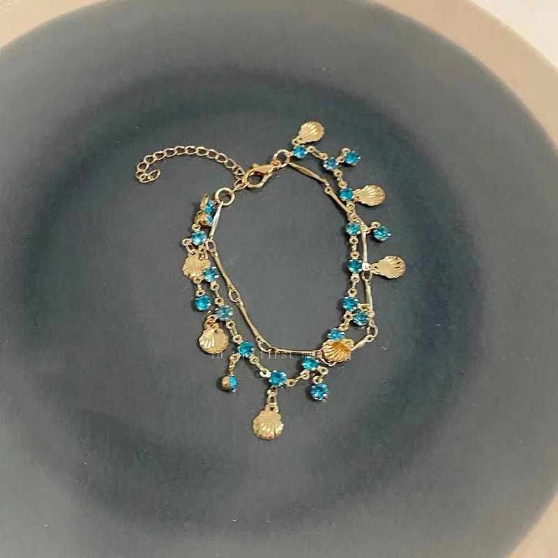 French Romantic Blue Crystal Shell Tassel Bracelet