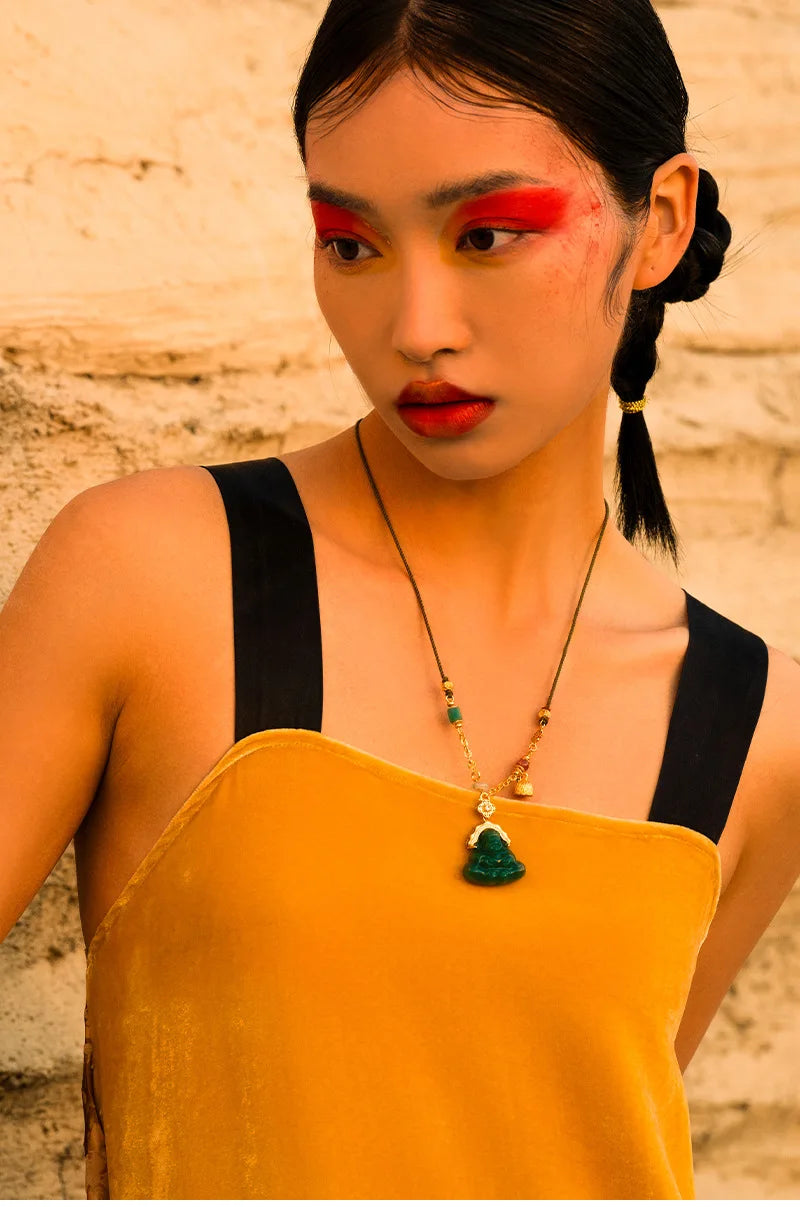 Green Jade-Look Smile Buddha Choker - Lucky Titanium Chain