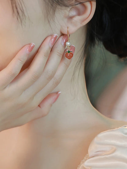 Red Agate Peach Jade Hook Earrings - Vintage Pearl Gift