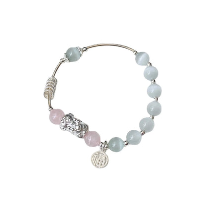 Antique Silver White-Blue Chalcedony Bead Bracelet — Court Style