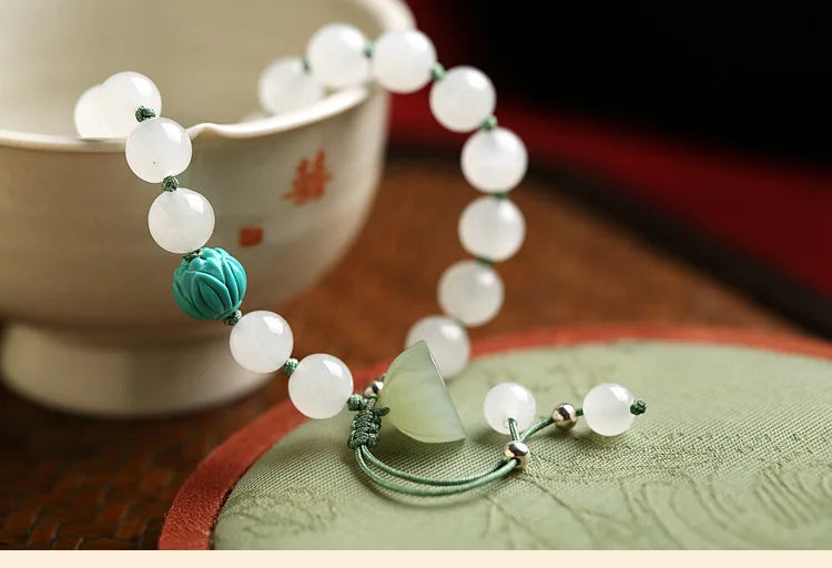 White Hetian Jade Lotus Beaded Bracelet — Handmade Feng Shui Crystal
