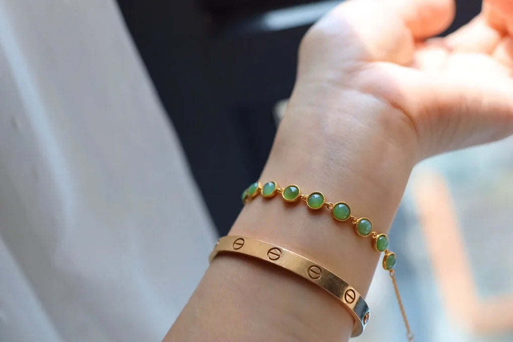 Retro Jade-Green Geometric Zircon Bracelet – Vintage Charm