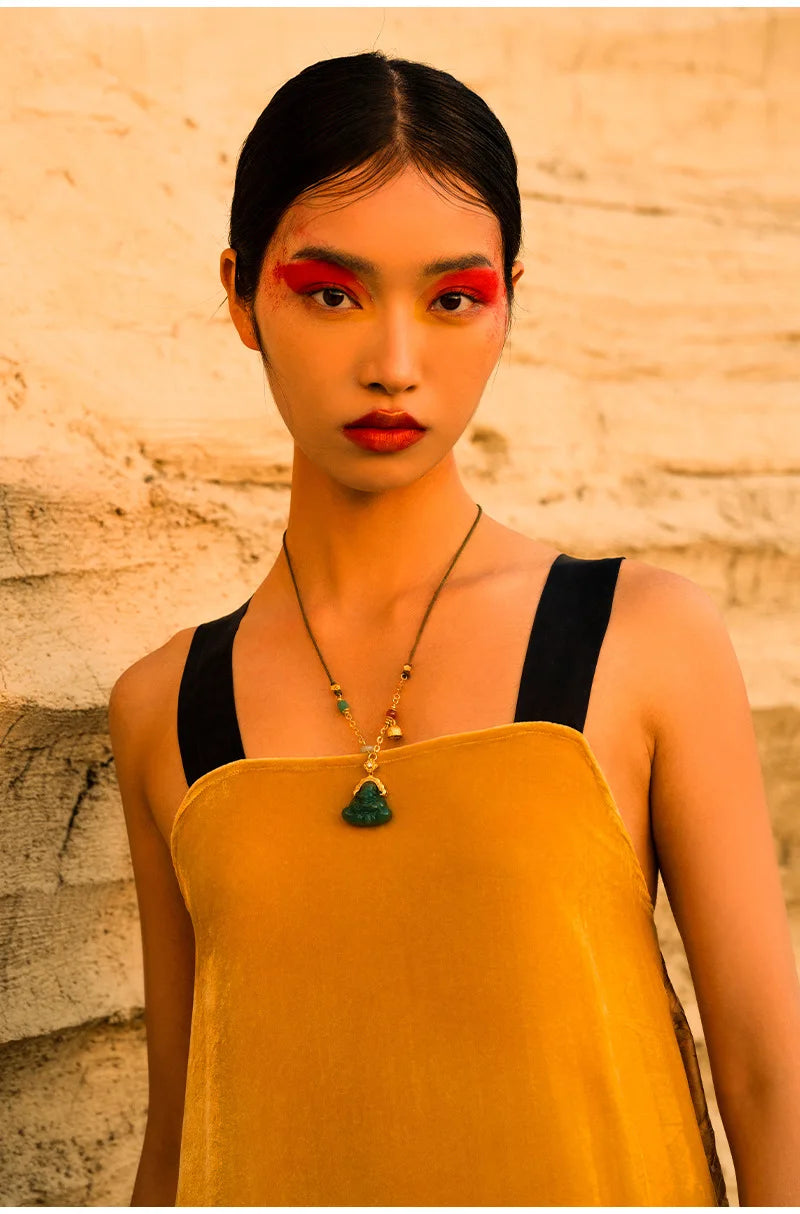 Green Jade-Look Smile Buddha Choker - Lucky Titanium Chain