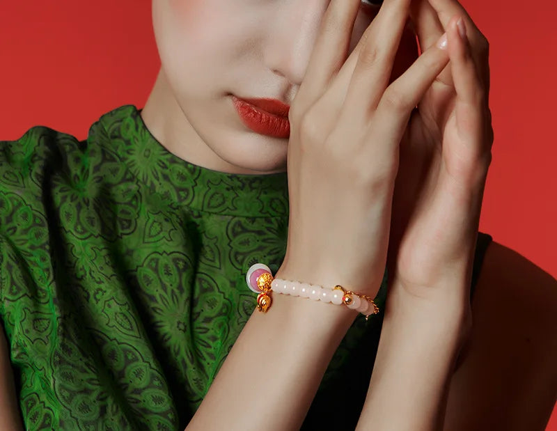 Natural Hetian Jade Bracelet for Women｜Silver & Gold-Plated Accents