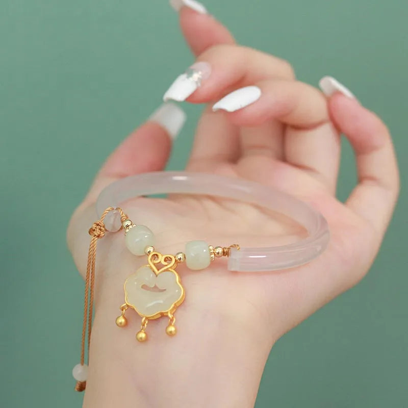 Hotan White Jade Safety-Lock Bracelet — Elegant Protective Charm