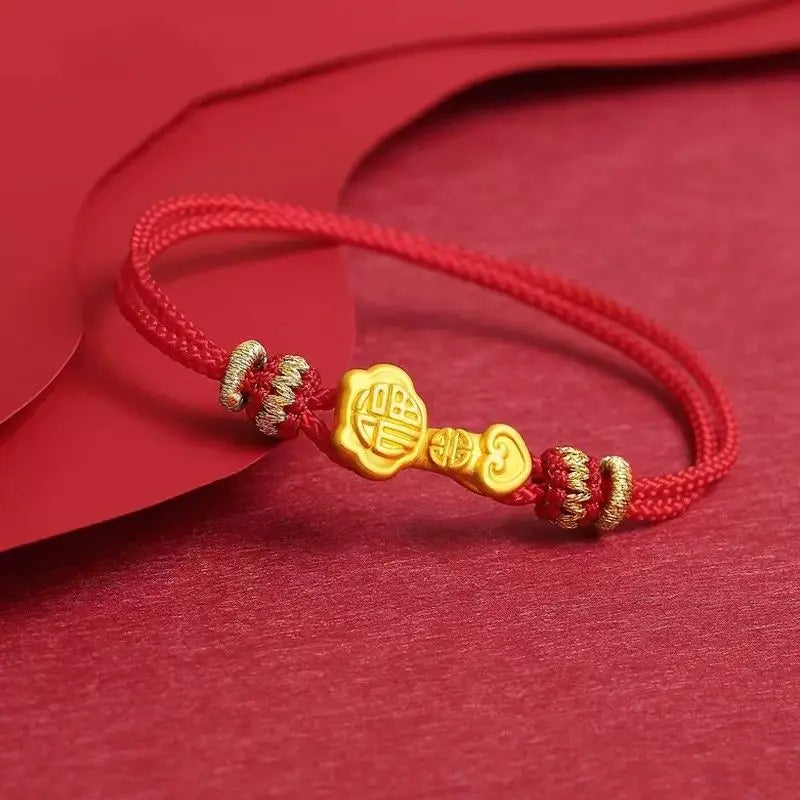 Ruyi Fu Garnet Bracelet - Golden Woven Red & Black Amulet