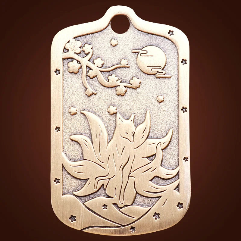 Taoist Peach Blossom Brass Necklace & Fox Keychain Set