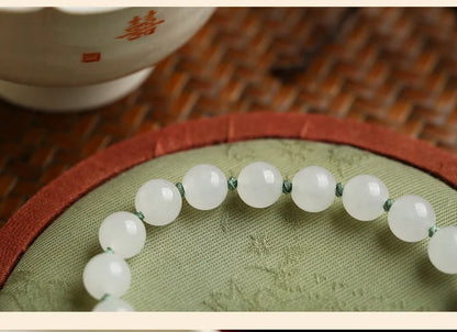 White Hetian Jade Lotus Beaded Bracelet — Handmade Feng Shui Crystal