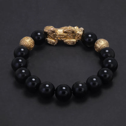 10mm 12mm Pixiu Charm Natural Stone Beads Bracelet for Men Black Onyx Tiger Eye Black Obsidian Vintage Fengshui Luck Jewelry