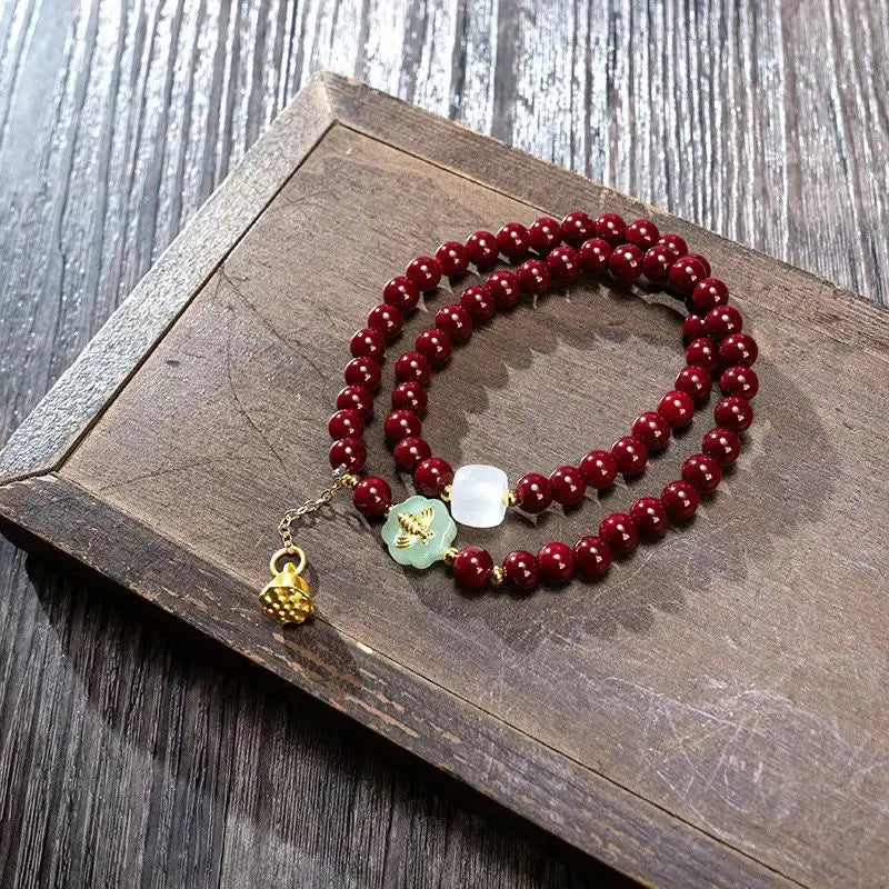 Double Circle Cinnabar-Style Bracelet with Pixiu & Gourd Pendant