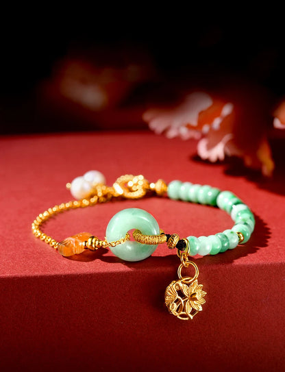 Natural Jadeite Peace-Buckle Bracelet with Pearl Pendant