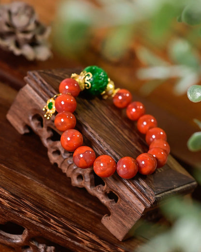 天然四川南红玛瑙与A货翡翠回纹转运手链·925银招财护身饰