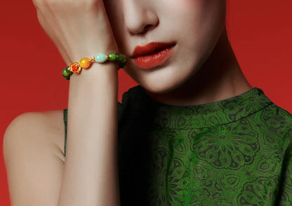 Hetian Jasper & Wax Amber Hand Chain｜Tibetan Silver Rope