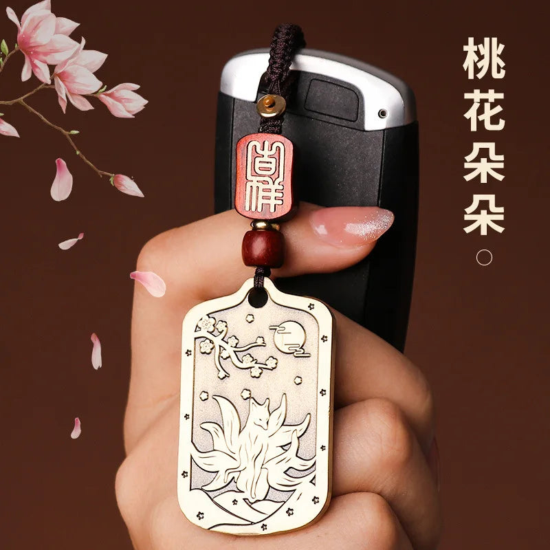 Taoist Peach Blossom Brass Necklace & Fox Keychain Set