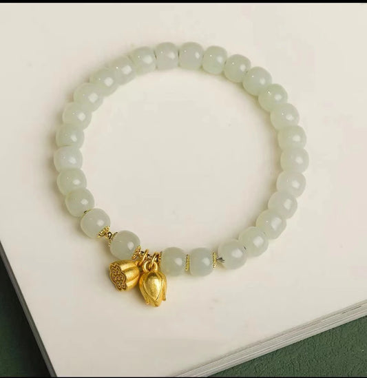 White Hotan Jade 6mm Bracelet｜Lotus Nephrite Lucky Amulet