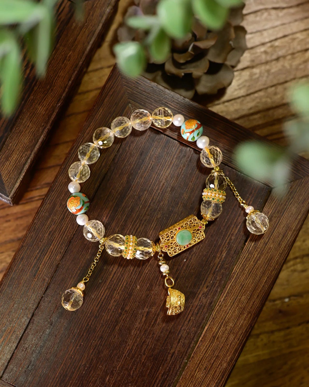 天然黄水晶招财转运手链丨925银镂空元宝与和田玉坠