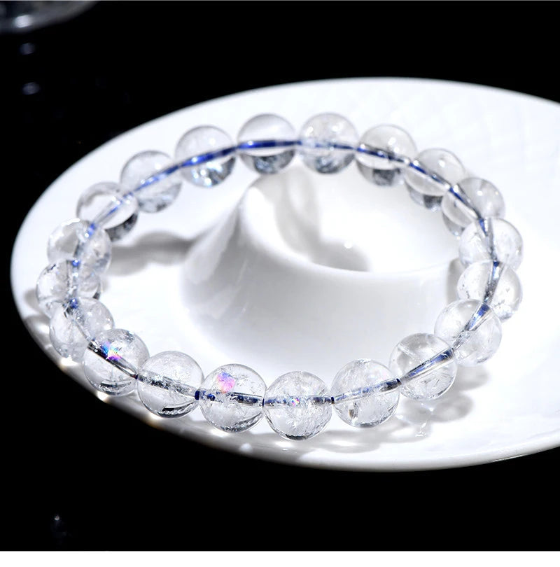 Natural Rainbow White Crystal & Jade Round Bead Bracelet — Feng Shui Charm