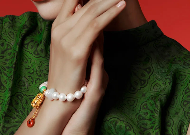 925 Sterling Silver Double Freshwater Pearl Chain Bracelet for Wedding