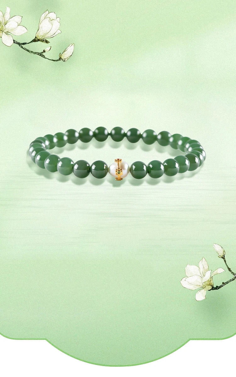 6mm Natural Hetian Jade Bead Bracelet — Ancient-Style Feng Shui Charm