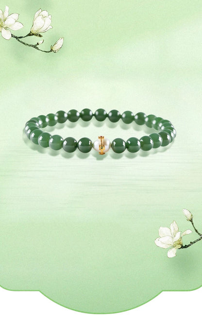 6mm Natural Hetian Jade Bead Bracelet — Ancient-Style Feng Shui Charm
