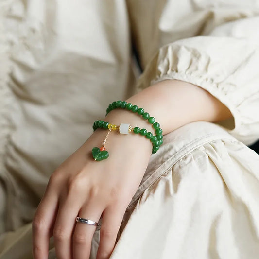 Natural Hetian Jade Elastic Bracelet｜Elegant Vintage Feng Shui Jewelry