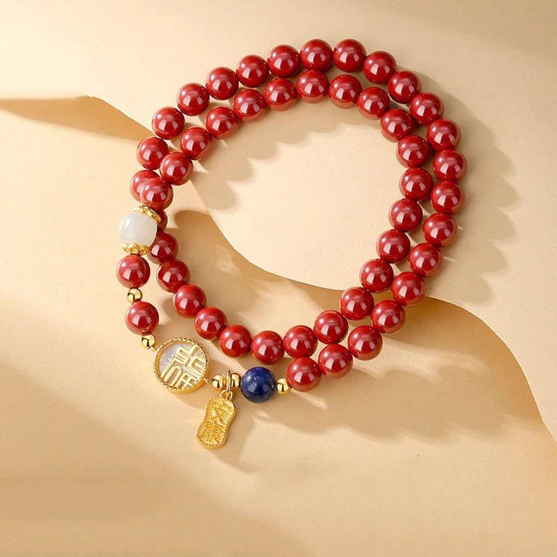 Natural Cinnabar Double-Circle Bracelet — Chinese Vintage Charm