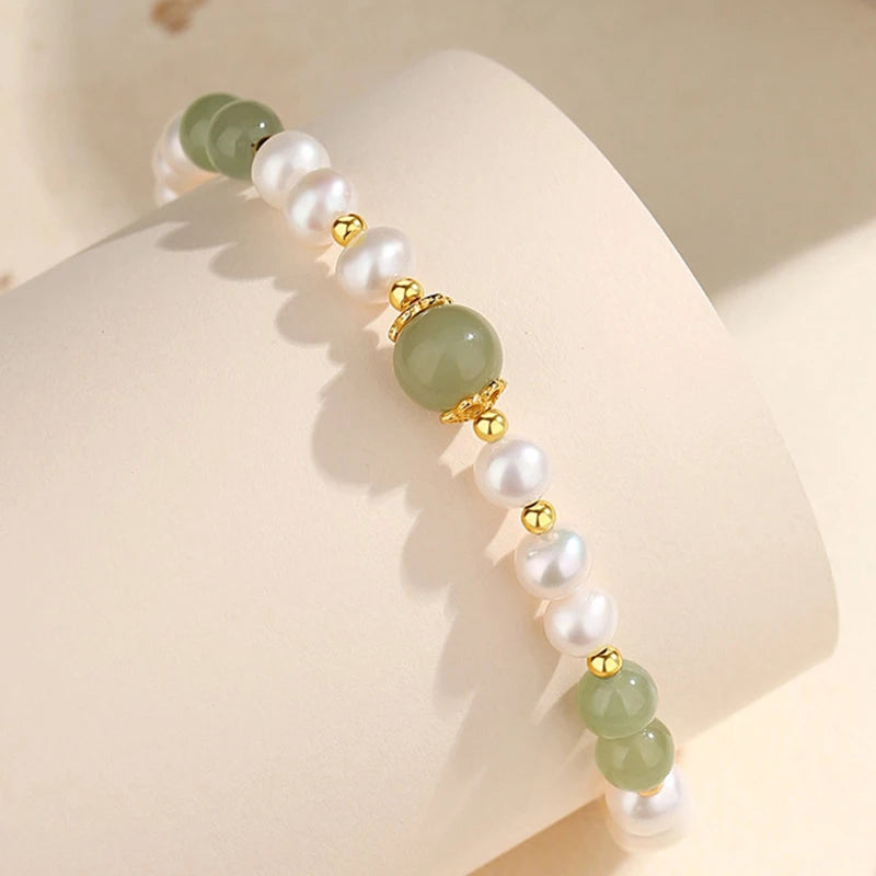 Green Agate & Jade Elastic Bead Bracelet — Wedding Gift Charm