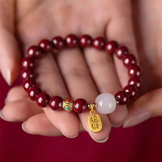 Chinese Feng Shui Red Imitation Cinnabar Beaded Bracelets For Women Men Protection Bring Wealth Lucky Elastic Bangles Jewelry