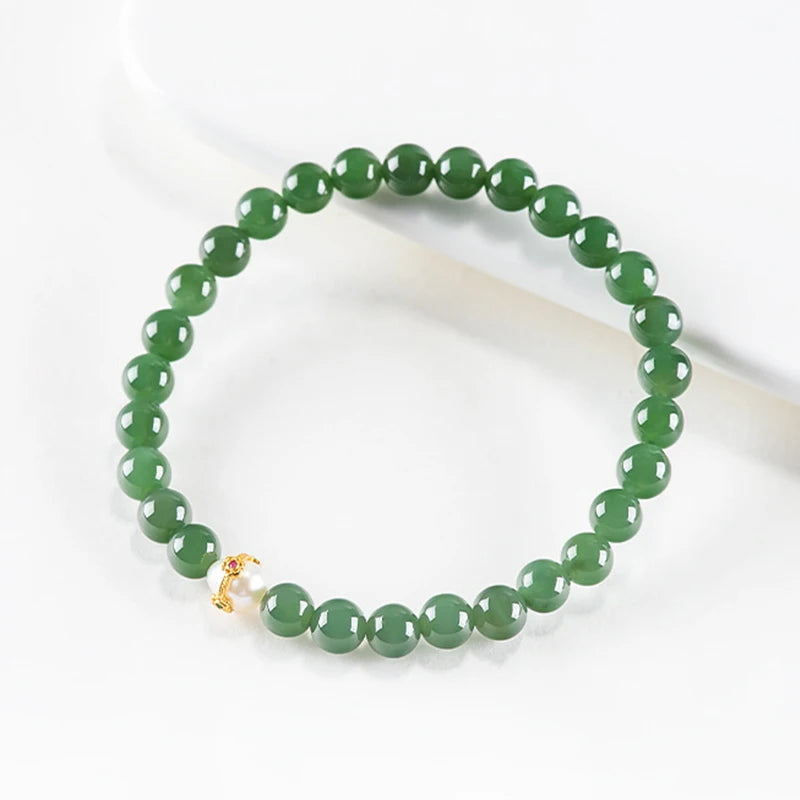 6mm Natural Hetian Jade Bead Bracelet — Ancient-Style Feng Shui Charm