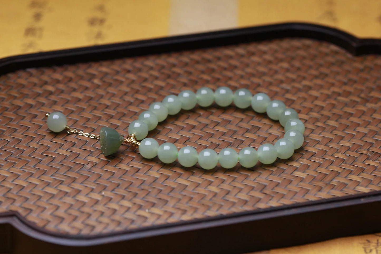 Hetian Jade Lotus Pendant 8mm Round Bead Bracelet — Elegant Charm for Women