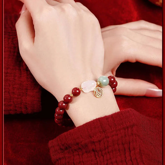 Double-Layer Southern Red Hotan Jade Bracelet with Rabbit Charm
